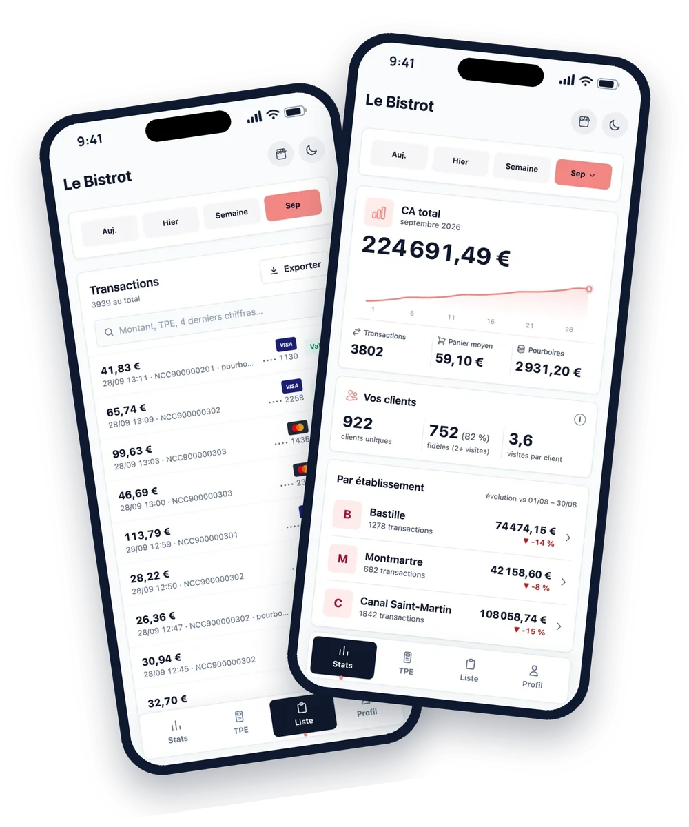 L'app Padmay sur deux téléphones : liste des transactions et tableau de bord