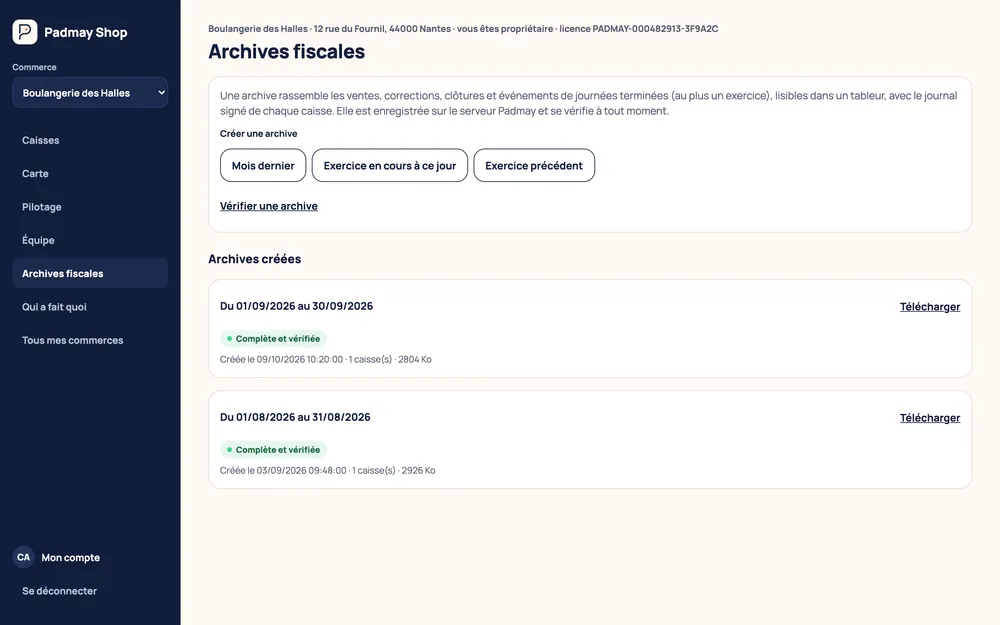 Rubrique Archives fiscales : création d'une archive par période, archives complètes et vérifiées à télécharger