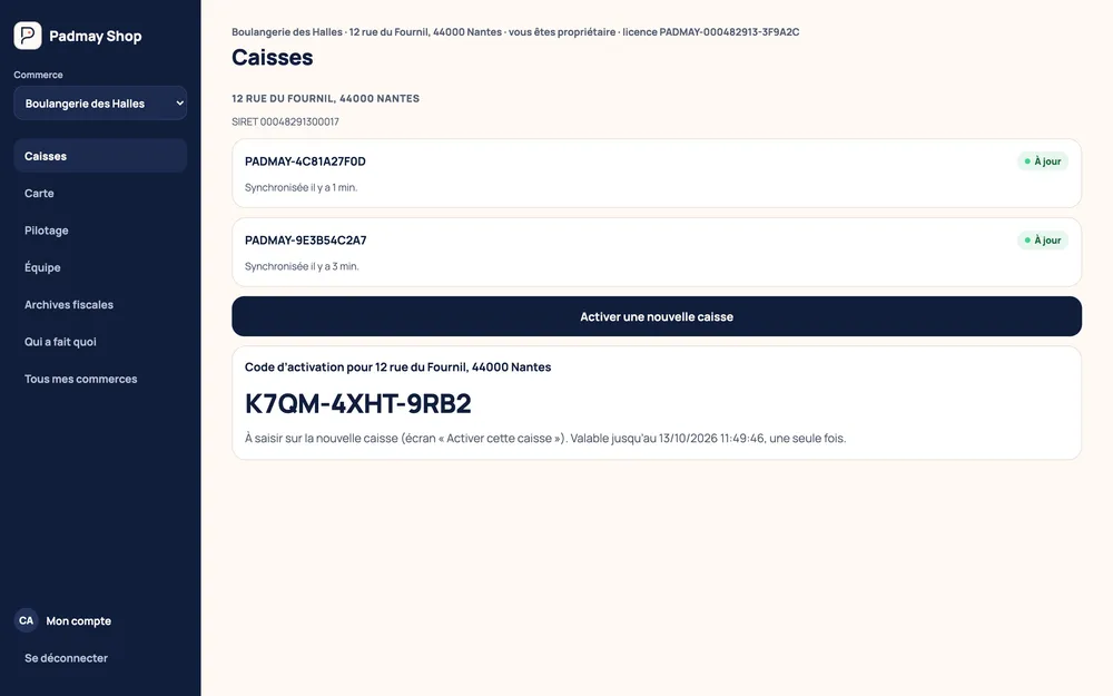 Rubrique Caisses : deux caisses à jour et un code d'activation à usage unique pour une nouvelle caisse