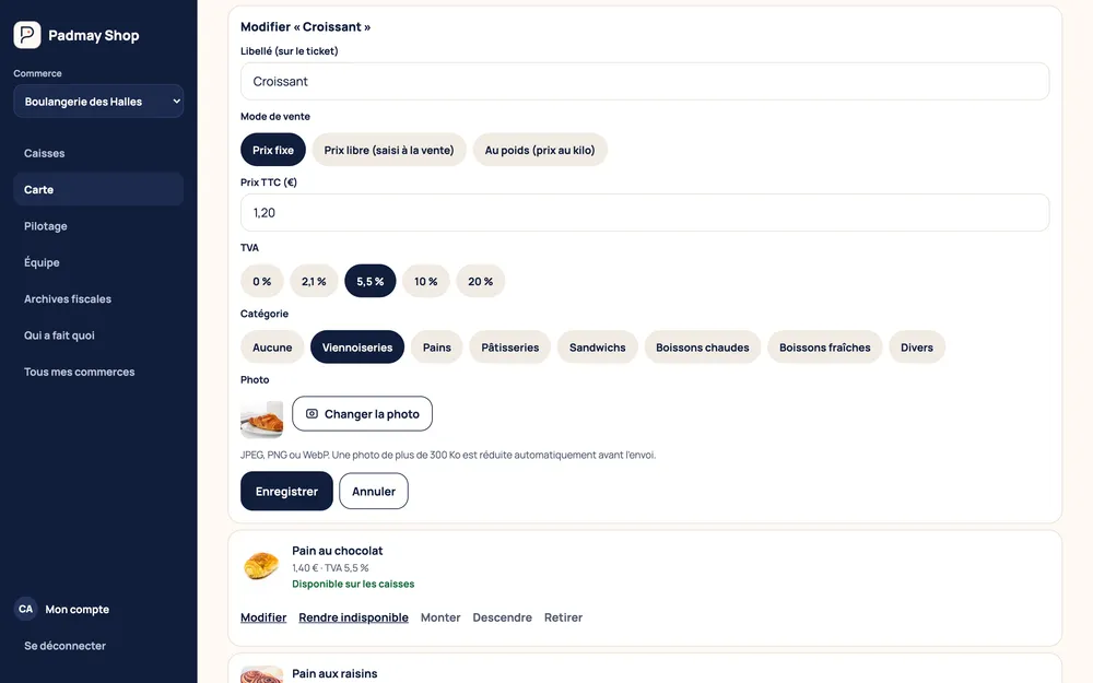 Modification d'un article dans l'espace web : libellé, mode de vente, prix TTC, TVA, catégorie et photo