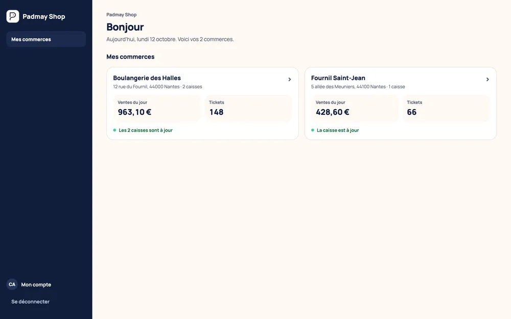 Espace web Padmay Shop : deux commerces avec leurs ventes du jour, leurs tickets et l'état de leurs caisses