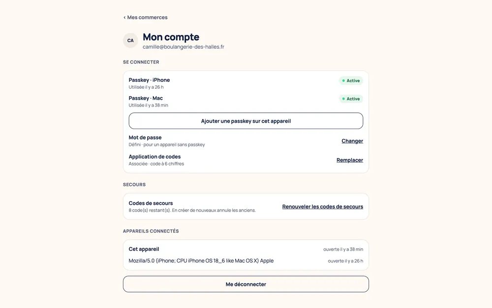 Mon compte : passkeys, application d'authentification, codes de secours et appareils connectés