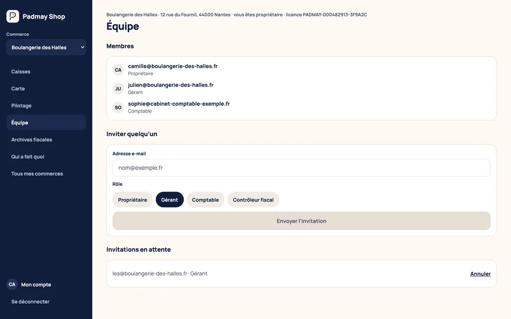 Rubrique Équipe : propriétaire, gérant et comptable, formulaire d'invitation par e-mail