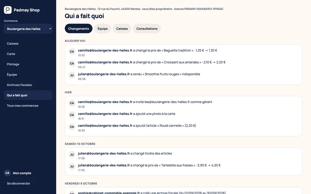 Journal Qui a fait quoi : changements de prix avec l'ancien et le nouveau montant, article rendu indisponible, invitation envoyée