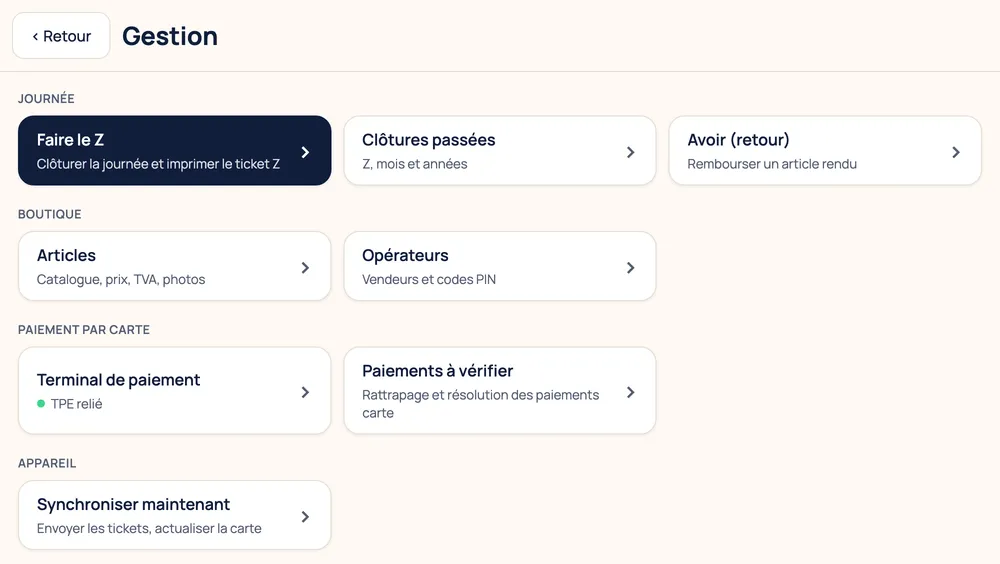 Menu Gestion de la caisse : faire le Z, clôtures passées, avoir, articles, opérateurs, terminal de paiement