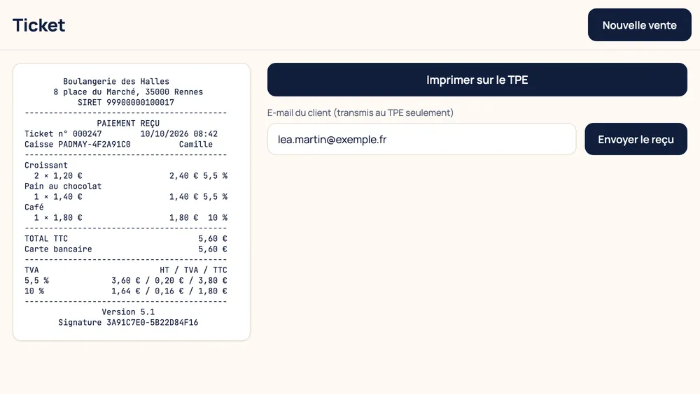 Écran du ticket de caisse : détail des articles, TVA par taux, boutons Imprimer sur le TPE et Envoyer le reçu