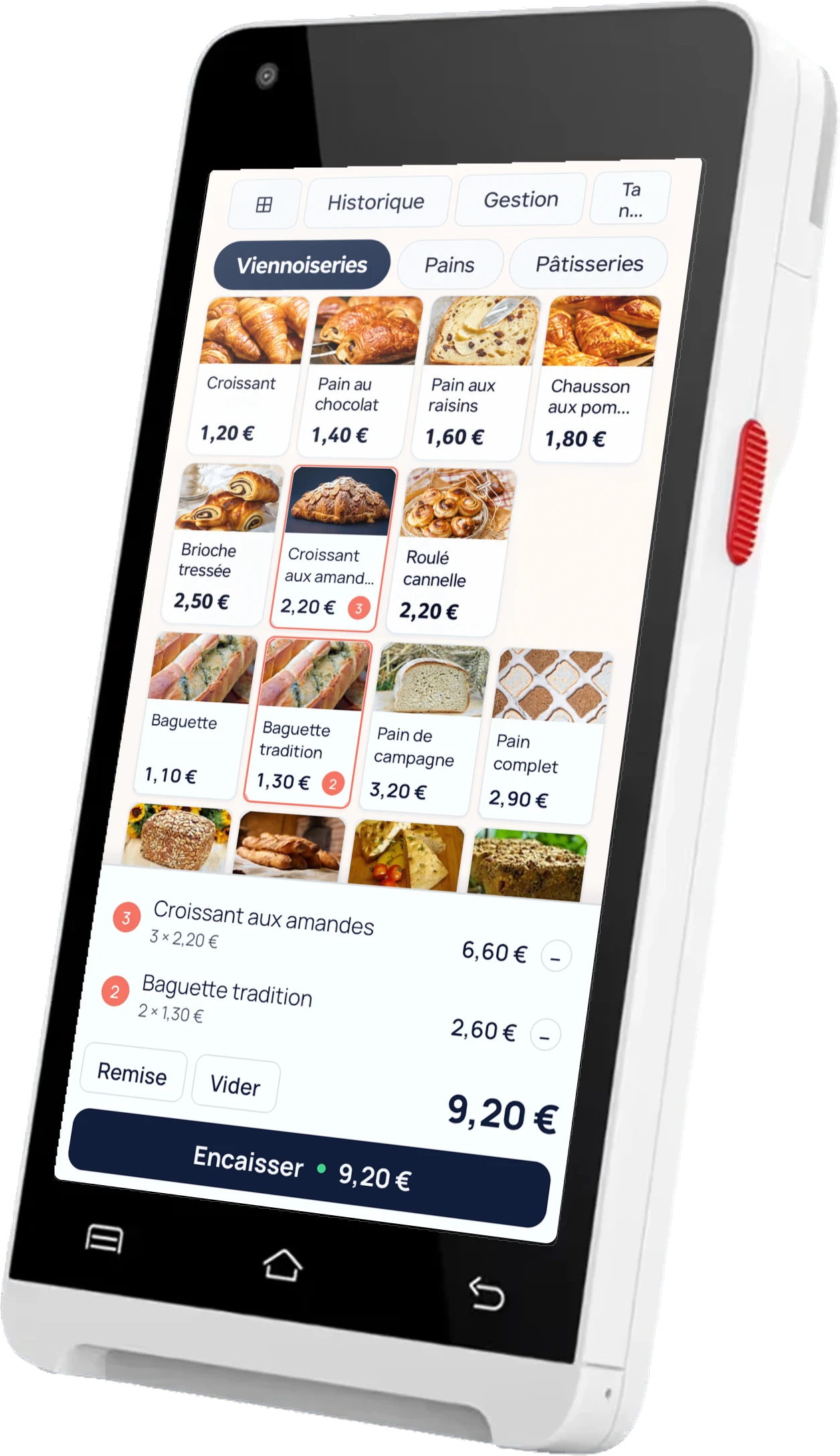 Le terminal Padmay MINI avec Padmay Shop à l'écran : trois croissants aux amandes et deux baguettes tradition au panier, 9,20 € à encaisser