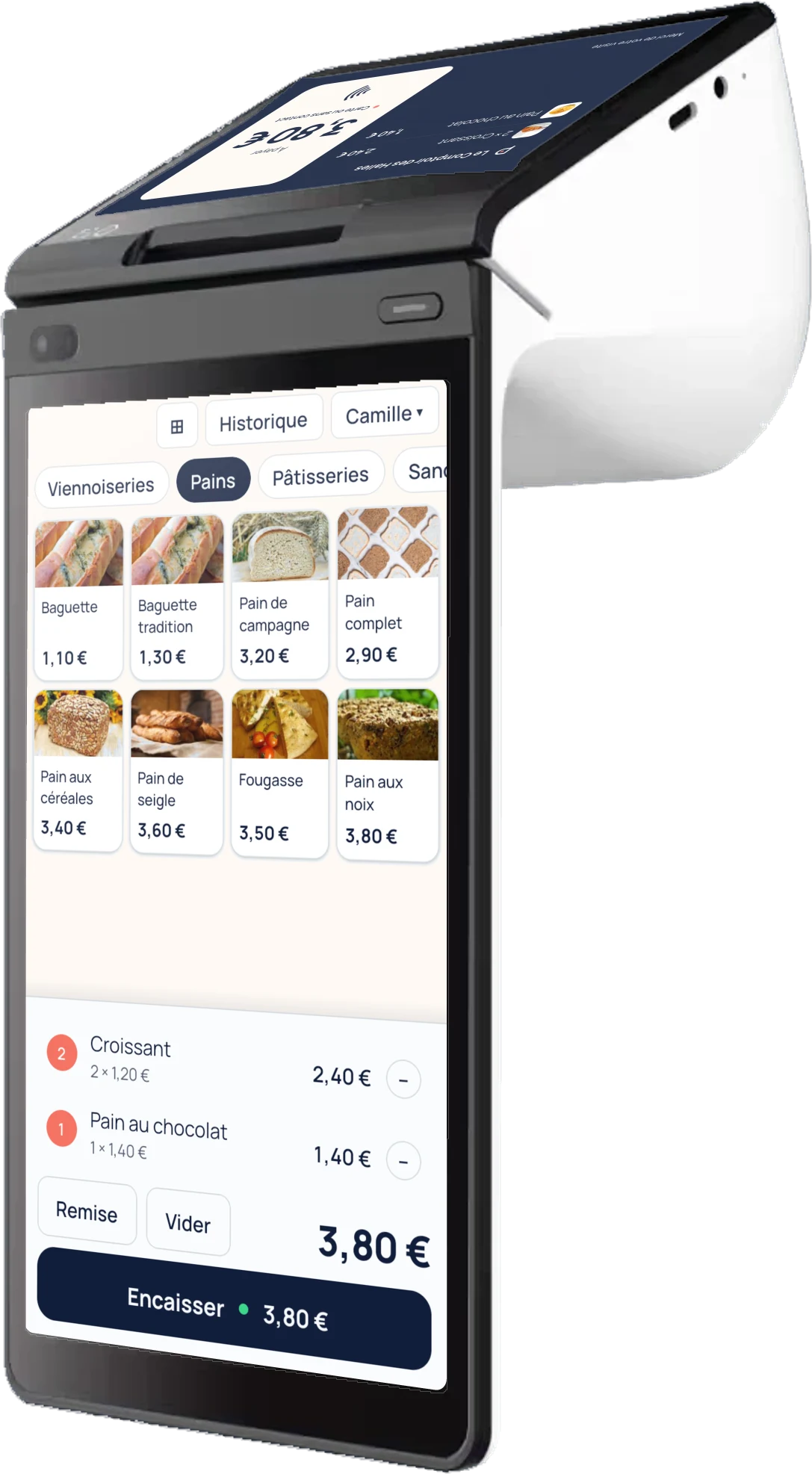 Le Mobill avec Padmay Shop à l'écran : l'onglet Pains, deux croissants et un pain au chocolat au panier, 3,80 € à encaisser, et l'afficheur tourné vers le client