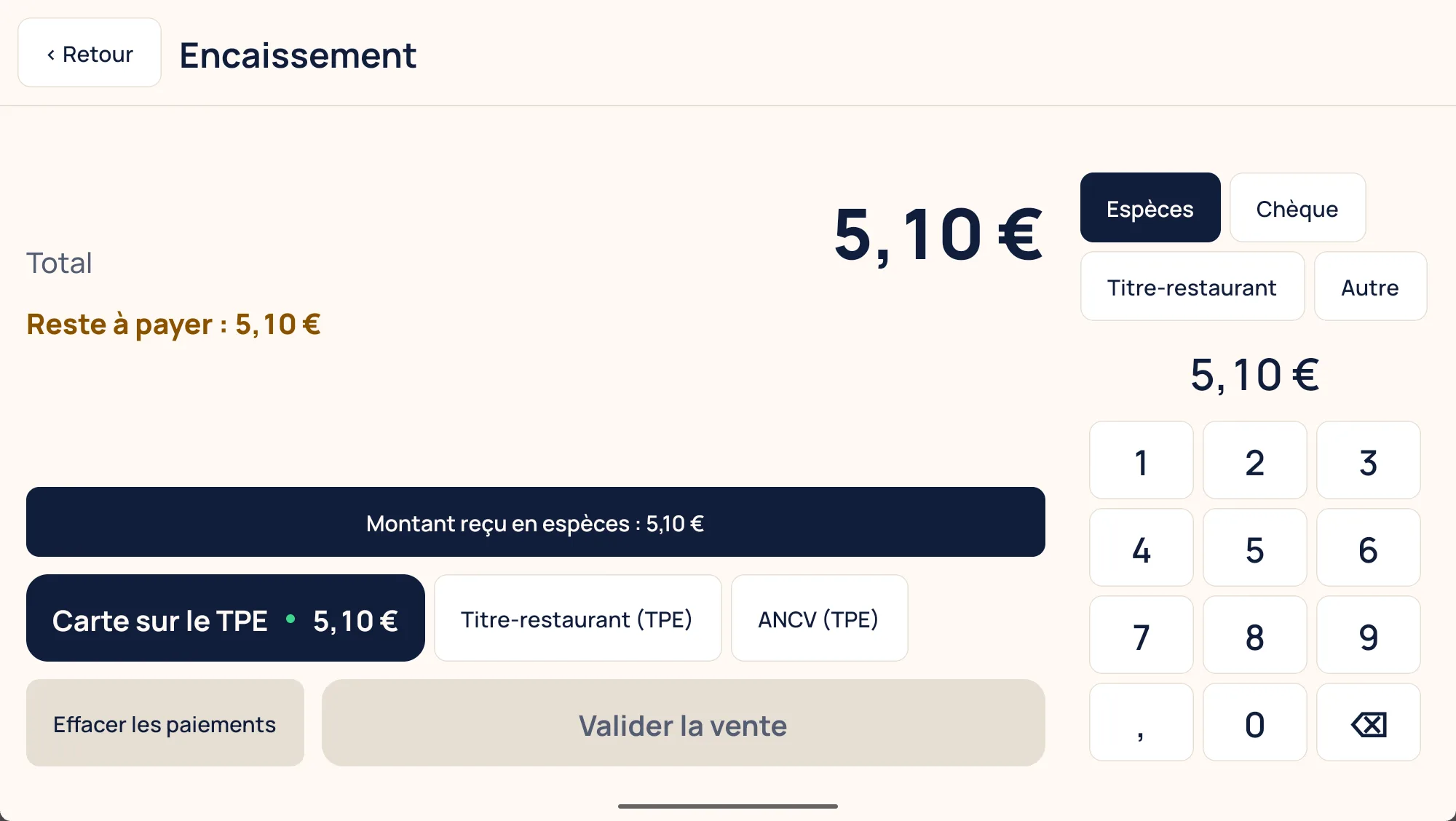 Padmay Shop, écran d'encaissement : carte sur le TPE, espèces, chèque, titres-restaurant