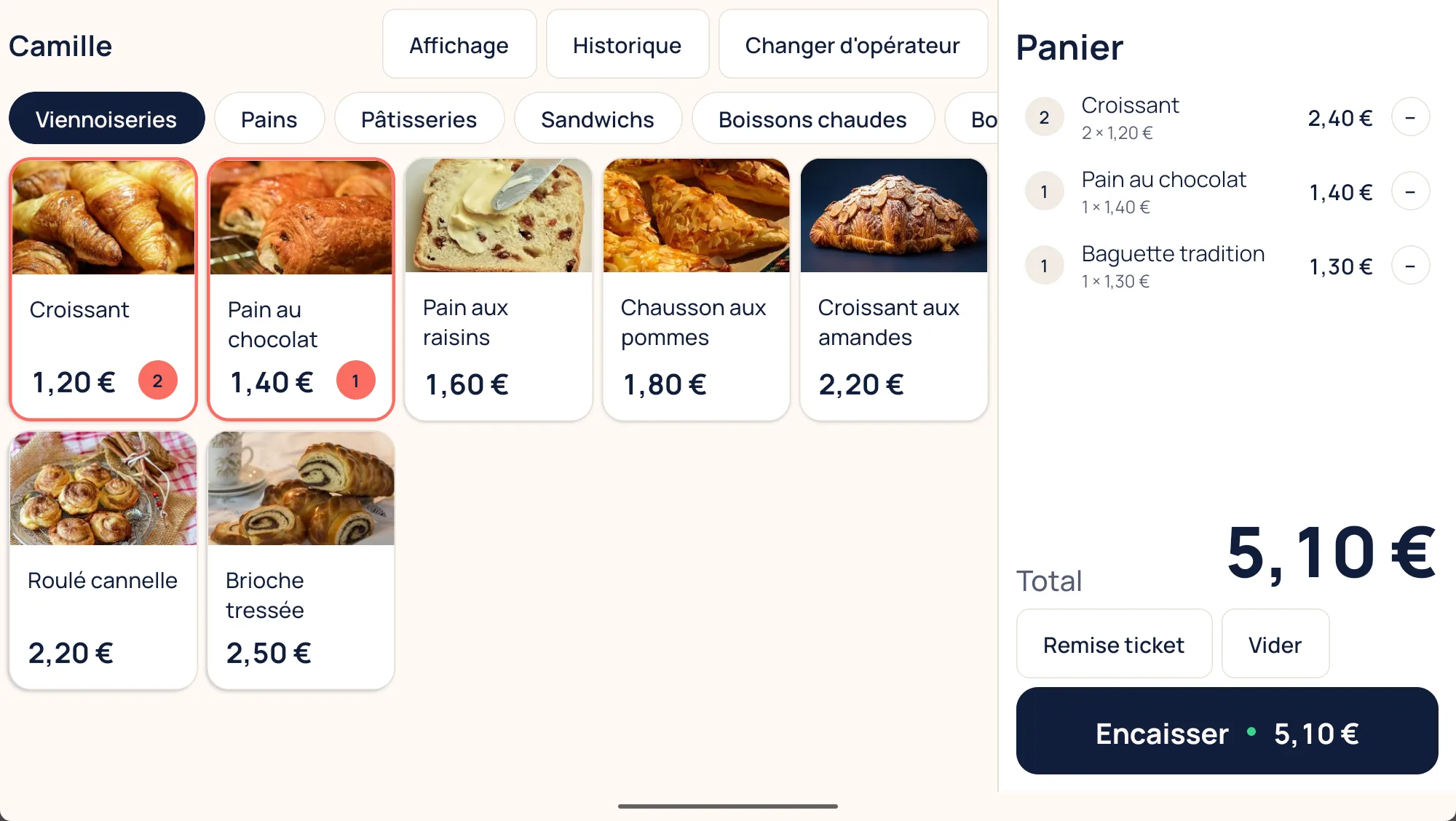 Padmay Shop sur tablette : la grille des pains et le panier d'une boulangerie, 5,10 € à encaisser