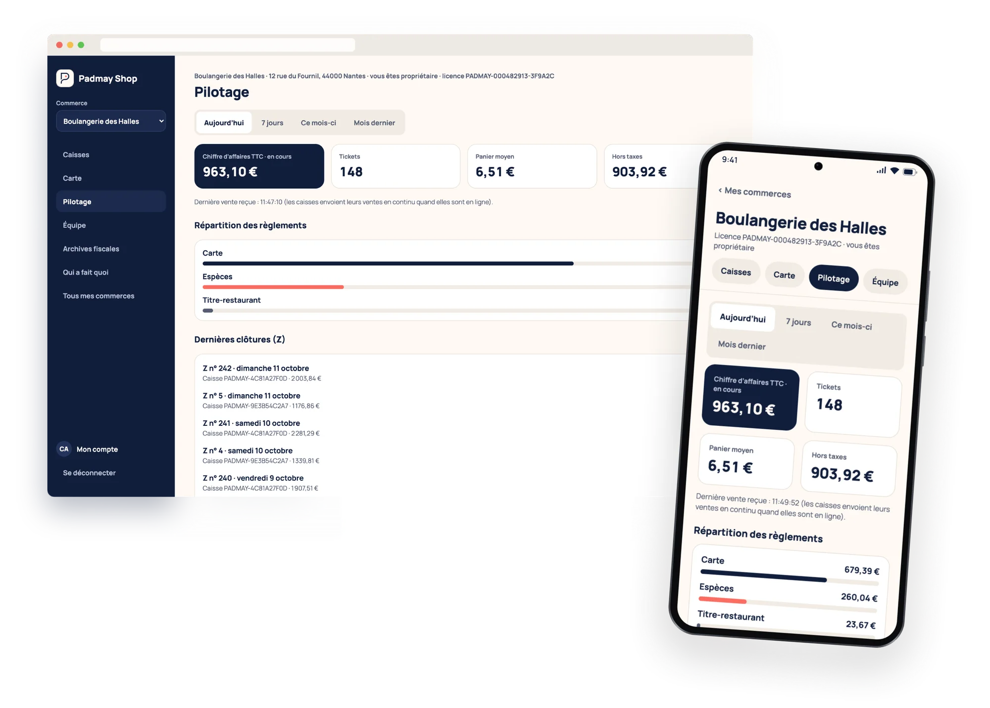 L'espace web Padmay Shop sur ordinateur et sur téléphone : chiffre d'affaires du jour, tickets, panier moyen et répartition carte, espèces, titres-restaurant