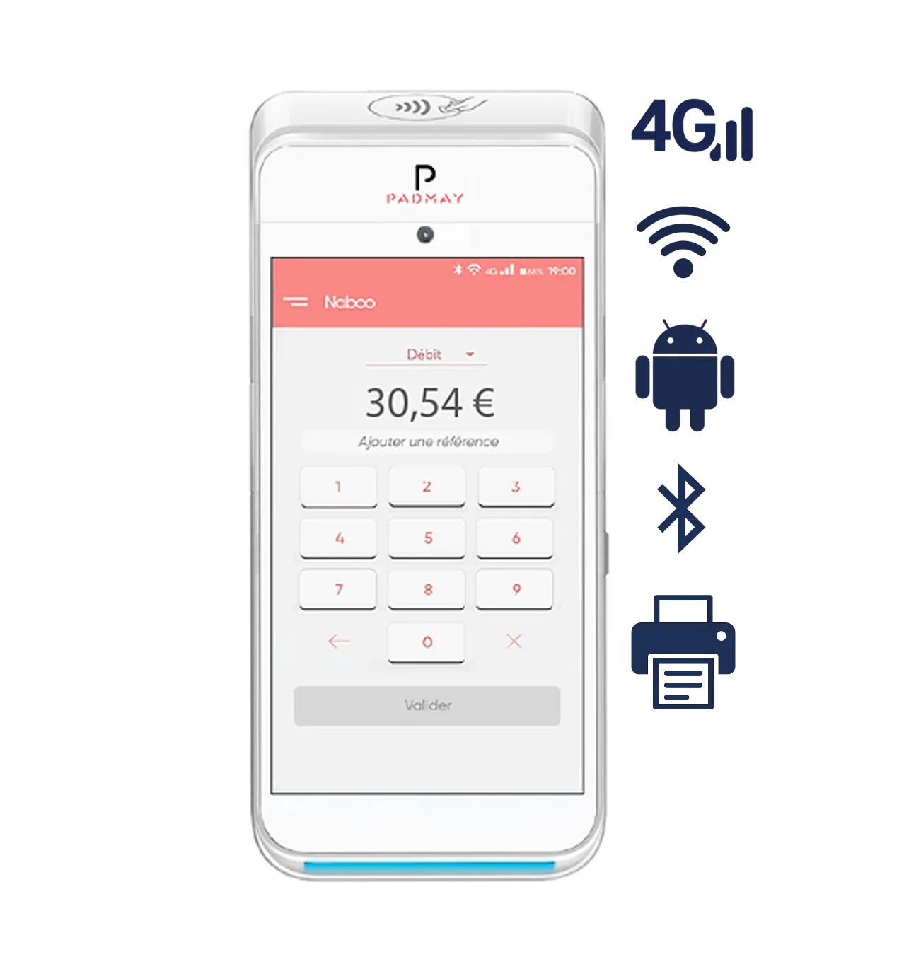 Terminal de paiement Android Padmay ONE, 4G, Wi-Fi, Bluetooth et imprimante