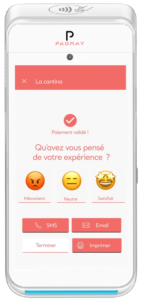 Écran du terminal demandant au client son avis après le paiement