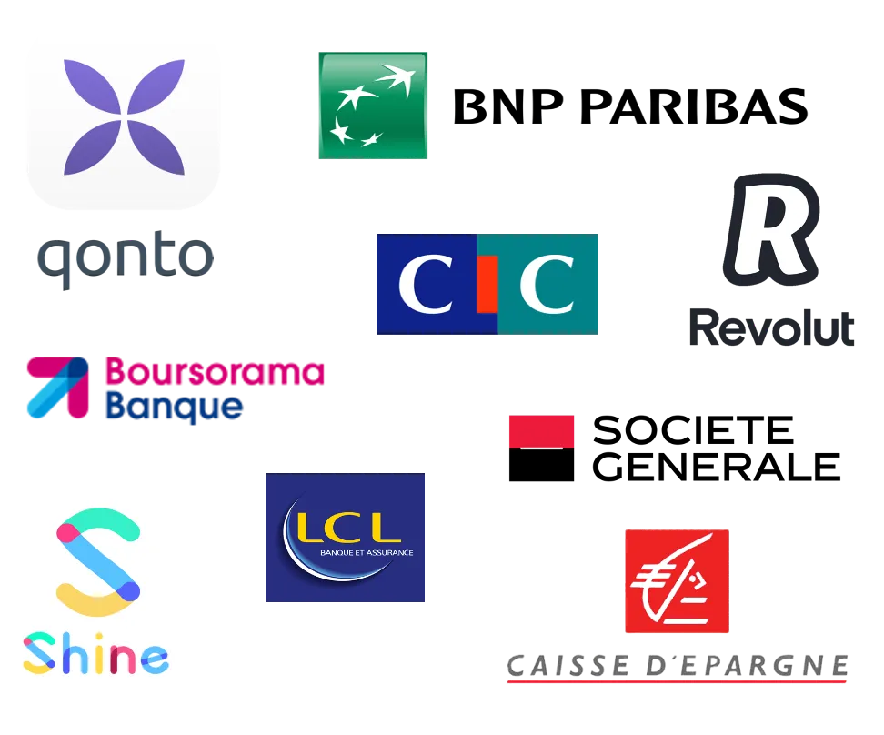 Banques compatibles : Qonto, BNP Paribas, CIC, Revolut, Boursorama, Société Générale, LCL, Shine, Caisse d'Épargne