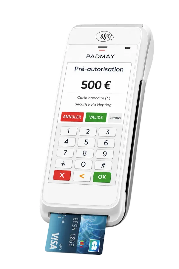 Terminal Padmay affichant une préautorisation de 500 €