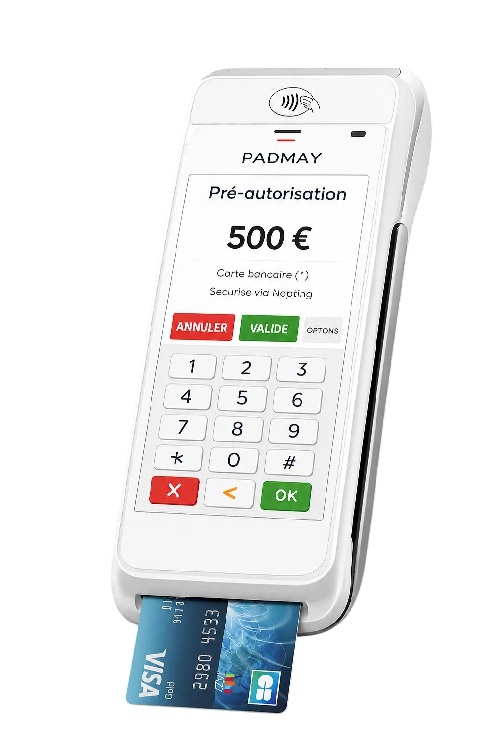 Terminal Padmay affichant une préautorisation de 500 €