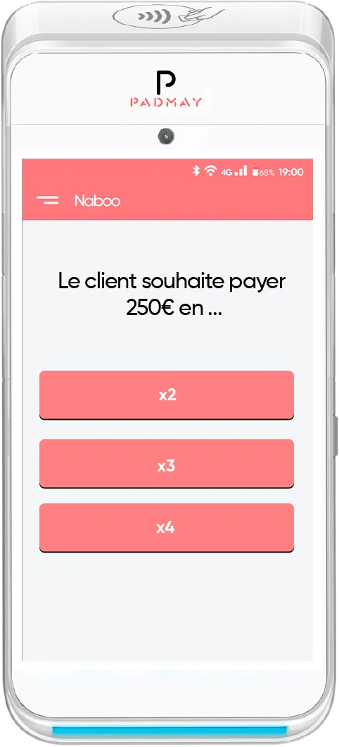 Écran du terminal proposant de payer en deux, trois ou quatre fois